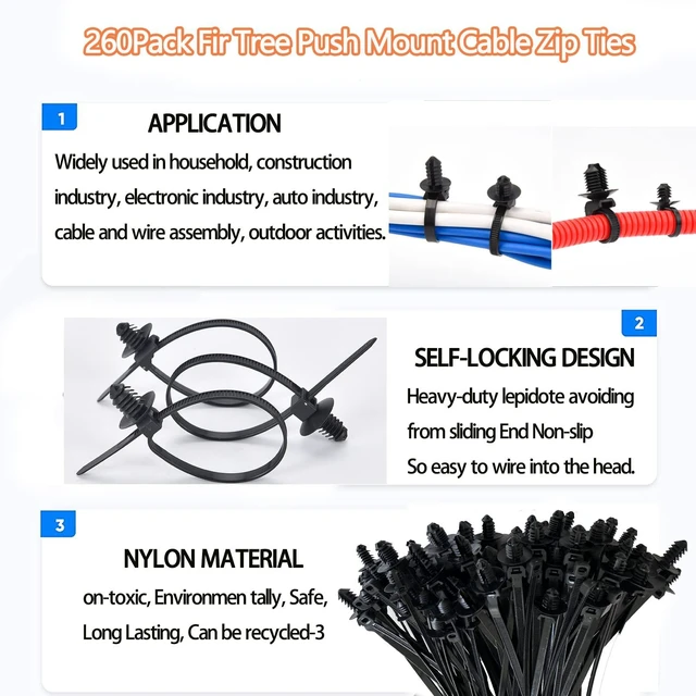 Alt view image 6 of 7 - 240Pcs Push Mount Cable Zip Tie, Nylon Self Locking Cable Strap, 8 Most Popular Sizes, Heavy Duty Self-Locking UV Resistant Wire Ties - For Indoor, Construction, Electronic and Auto
