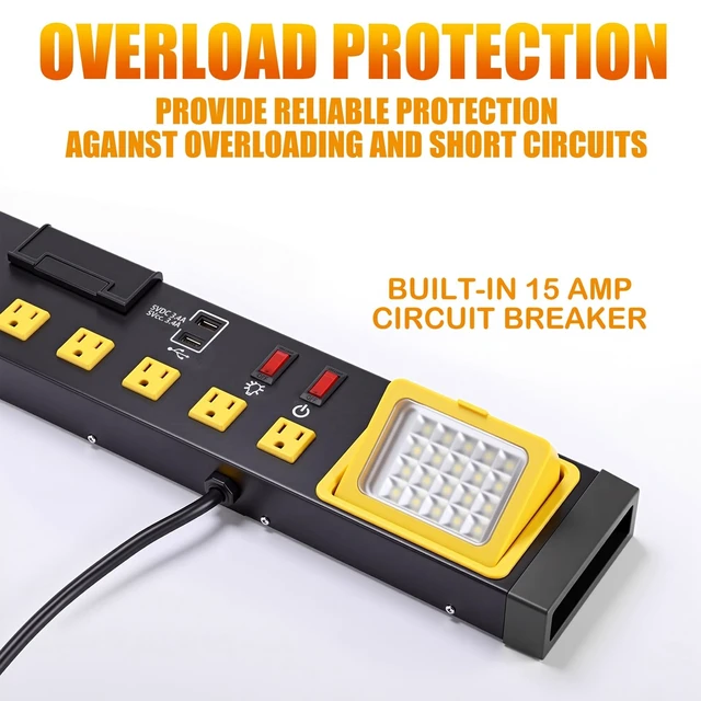 Alt view image 2 of 7 - 6 Outlets Power Strip with LED Worklight, Black Metal Heavy Duty Mount Workbench, Power Strip with 6FT 14/3 AWG Cord, 2 USB Ports, 15A Circuit Breaker for Garage Workshop