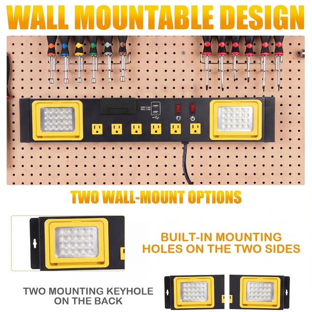 Alt view image 3 of 7 - 6 Outlets Power Strip with LED Worklight, Black Metal Heavy Duty Mount Workbench, Power Strip with 6FT 14/3 AWG Cord, 2 USB Ports, 15A Circuit Breaker for Garage Workshop