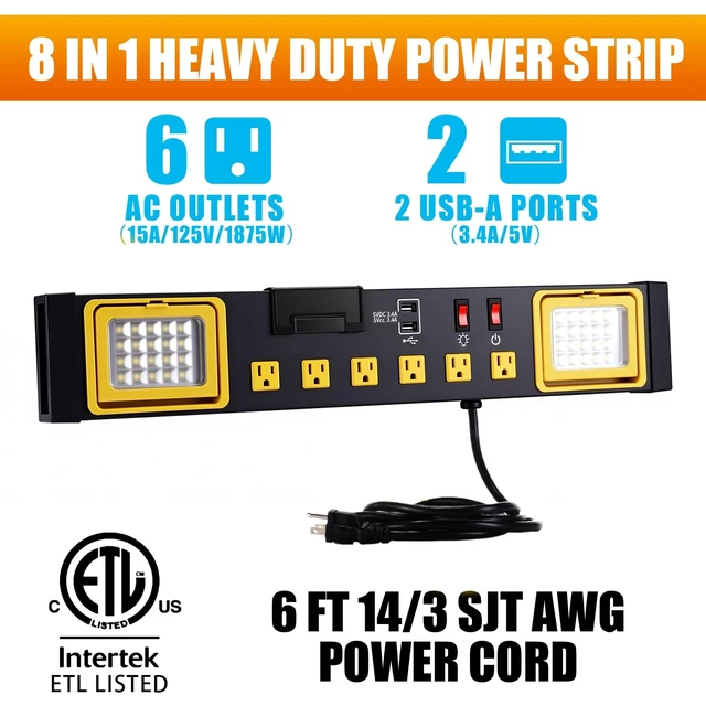 Alt view image 4 of 7 - 6 Outlets Power Strip with LED Worklight, Black Metal Heavy Duty Mount Workbench, Power Strip with 6FT 14/3 AWG Cord, 2 USB Ports, 15A Circuit Breaker for Garage Workshop