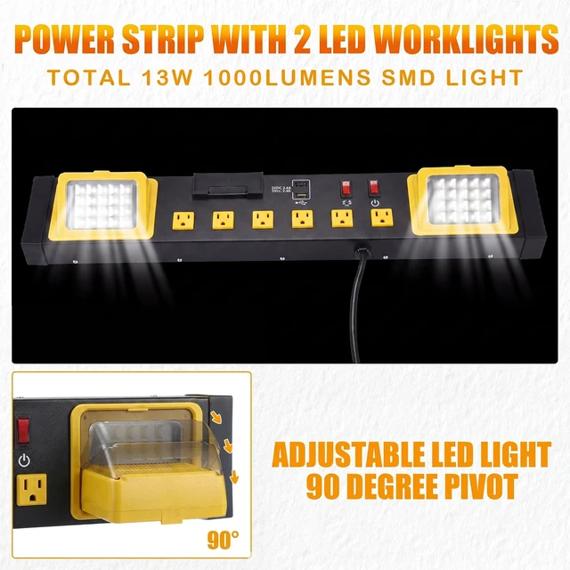 Alt view image 5 of 7 - 6 Outlets Power Strip with LED Worklight, Black Metal Heavy Duty Mount Workbench, Power Strip with 6FT 14/3 AWG Cord, 2 USB Ports, 15A Circuit Breaker for Garage Workshop