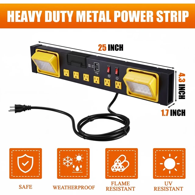 Alt view image 6 of 7 - 6 Outlets Power Strip with LED Worklight, Black Metal Heavy Duty Mount Workbench, Power Strip with 6FT 14/3 AWG Cord, 2 USB Ports, 15A Circuit Breaker for Garage Workshop
