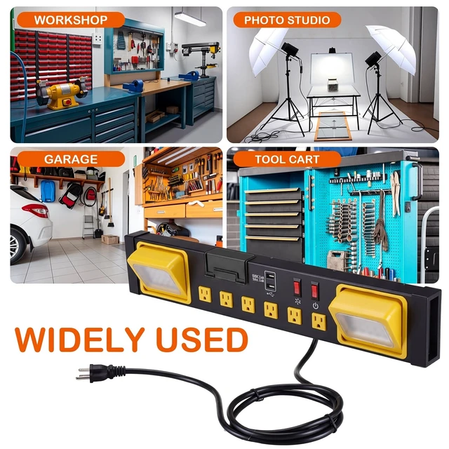 Alt view image 7 of 7 - 6 Outlets Power Strip with LED Worklight, Black Metal Heavy Duty Mount Workbench, Power Strip with 6FT 14/3 AWG Cord, 2 USB Ports, 15A Circuit Breaker for Garage Workshop