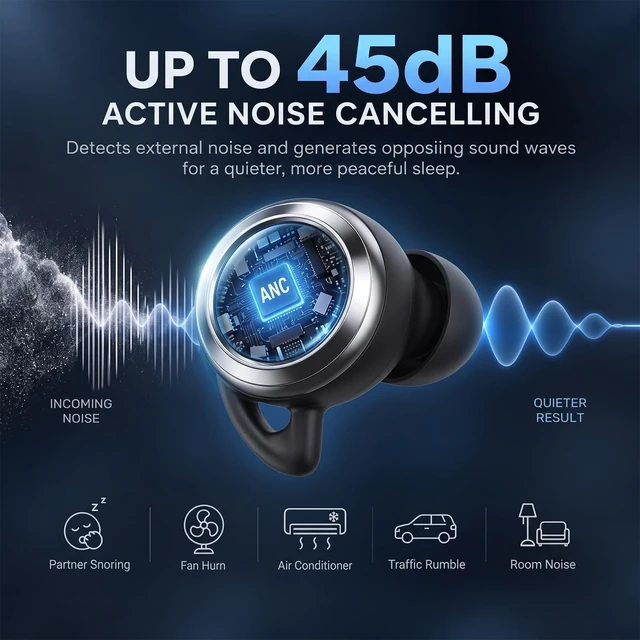Alt view image 2 of 7 - ANC Sleep Earbuds for Side Sleepers, Mini Low-Profile Sleeping Headphones for Snoring & Night Noise, Sleep Mode with No Low-Battery Beep, White Noise, 48H Charging Case, Bluetooth 6.0, Black