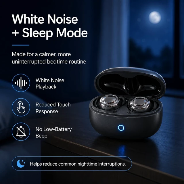 Alt view image 5 of 7 - ANC Sleep Earbuds for Side Sleepers, Mini Low-Profile Sleeping Headphones for Snoring & Night Noise, Sleep Mode with No Low-Battery Beep, White Noise, 48H Charging Case, Bluetooth 6.0, Black