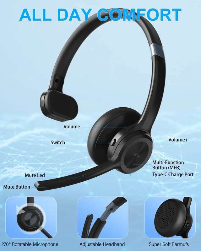 Alt view image 7 of 7 - Trucker Bluetooth Headset, Wireless Headset with Microphone ENC Noise Cancelling & Mute Button, 30H Talk Time, Bluetooth 5.2 Headphones for Work, Office, Call Center