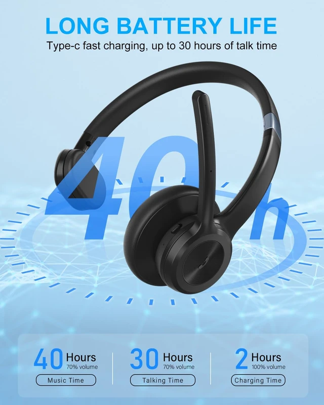 Alt view image 6 of 7 - Trucker Bluetooth Headset, Wireless Headset with Microphone ENC Noise Cancelling & Mute Button, 30H Talk Time, Bluetooth 5.2 Headphones for Work, Office, Call Center