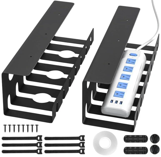 Main image of 2 Pack Metal Under Desk Cable Management Tray, Black U Channel Fast Setup Clean Workspace, 31.5in Large Capacity, Sturdy, Holds Outlets & Chargers, For Home Office & Gaming Standing Desks