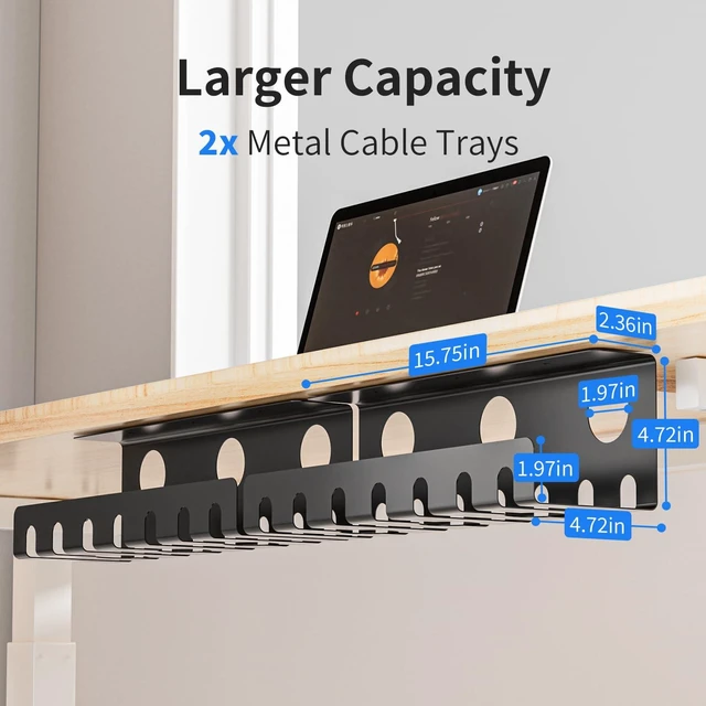 Alt view image 2 of 7 - 2 Pack Metal Under Desk Cable Management Tray, Black U Channel Fast Setup Clean Workspace, 31.5in Large Capacity, Sturdy, Holds Outlets & Chargers, For Home Office & Gaming Standing Desks