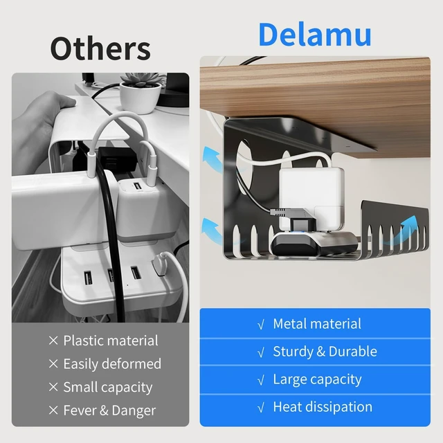 Alt view image 6 of 7 - 2 Pack Metal Under Desk Cable Management Tray, Black U Channel Fast Setup Clean Workspace, 31.5in Large Capacity, Sturdy, Holds Outlets & Chargers, For Home Office & Gaming Standing Desks