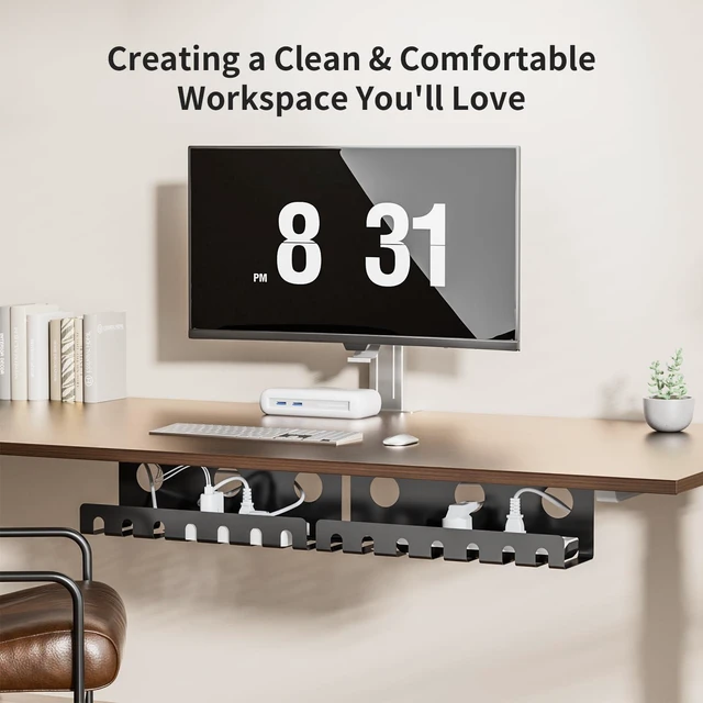 Alt view image 7 of 7 - 2 Pack Metal Under Desk Cable Management Tray, Black U Channel Fast Setup Clean Workspace, 31.5in Large Capacity, Sturdy, Holds Outlets & Chargers, For Home Office & Gaming Standing Desks