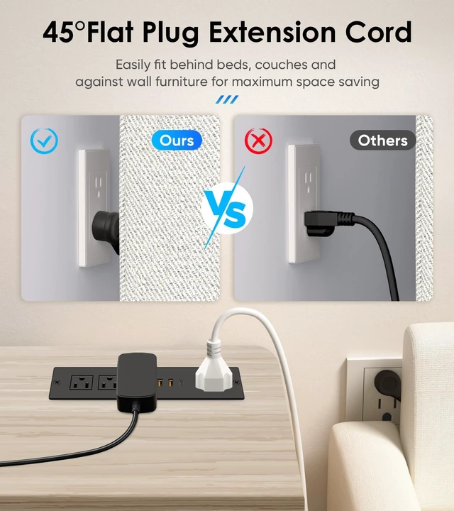 Alt view image 3 of 7 - Recessed Power Strip with PD 20W USB-C, Flush Mounted Drawer Outlet, 4 Outlets & 3 USB Ports, Conference Desktop Built in Power Strip, 6FT Extension Cord(Black)