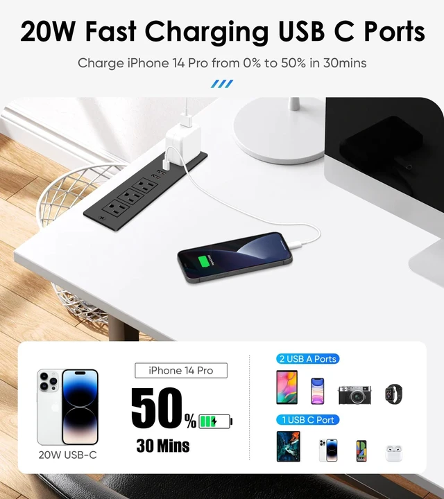 Alt view image 4 of 7 - Recessed Power Strip with PD 20W USB-C, Flush Mounted Drawer Outlet, 4 Outlets & 3 USB Ports, Conference Desktop Built in Power Strip, 6FT Extension Cord(Black)