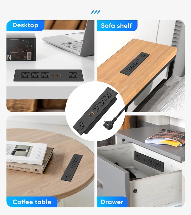 Alt view image 6 of 7 - Recessed Power Strip with PD 20W USB-C, Flush Mounted Drawer Outlet, 4 Outlets & 3 USB Ports, Conference Desktop Built in Power Strip, 6FT Extension Cord(Black)