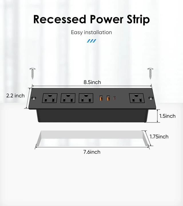 Alt view image 7 of 7 - Recessed Power Strip with PD 20W USB-C, Flush Mounted Drawer Outlet, 4 Outlets & 3 USB Ports, Conference Desktop Built in Power Strip, 6FT Extension Cord(Black)