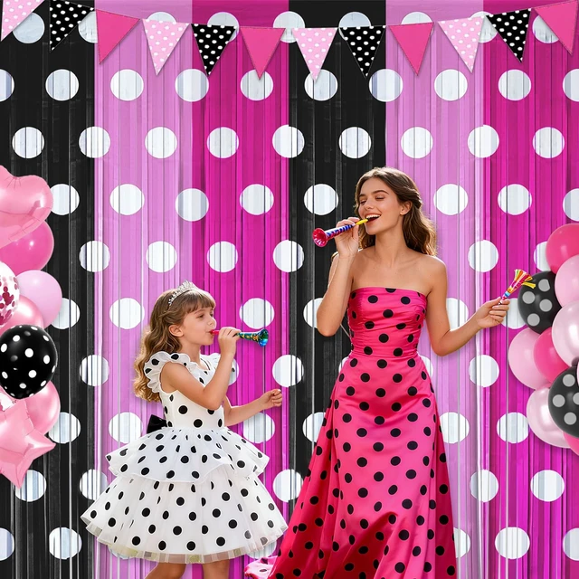 Alt view image 2 of 5 - Pink Cartoon Mouse Foil Fringe Curtains 6 Pack 3.2x6.6ft Party Backdrop Pink Black Tinsel Streamers Backdrop Baby Shower Cartoon Mouse Color Birthday Party Decorations Favor Supplies
