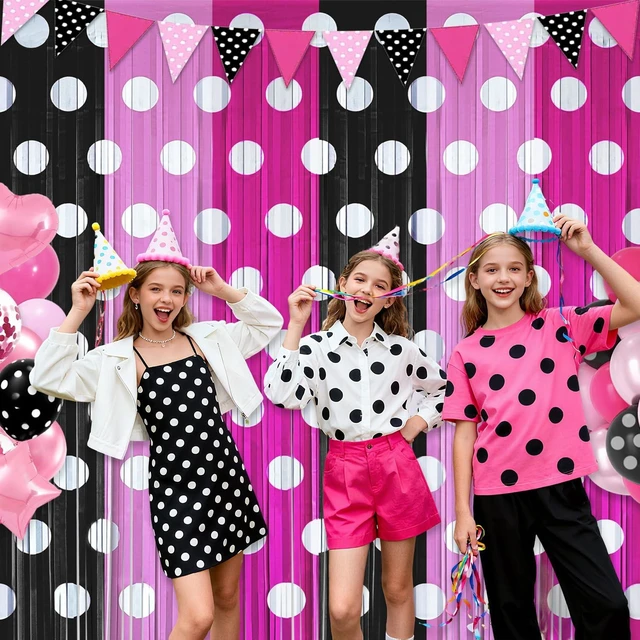 Alt view image 3 of 5 - Pink Cartoon Mouse Foil Fringe Curtains 6 Pack 3.2x6.6ft Party Backdrop Pink Black Tinsel Streamers Backdrop Baby Shower Cartoon Mouse Color Birthday Party Decorations Favor Supplies