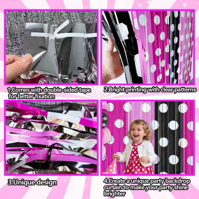 Alt view image 5 of 5 - Pink Cartoon Mouse Foil Fringe Curtains 6 Pack 3.2x6.6ft Party Backdrop Pink Black Tinsel Streamers Backdrop Baby Shower Cartoon Mouse Color Birthday Party Decorations Favor Supplies
