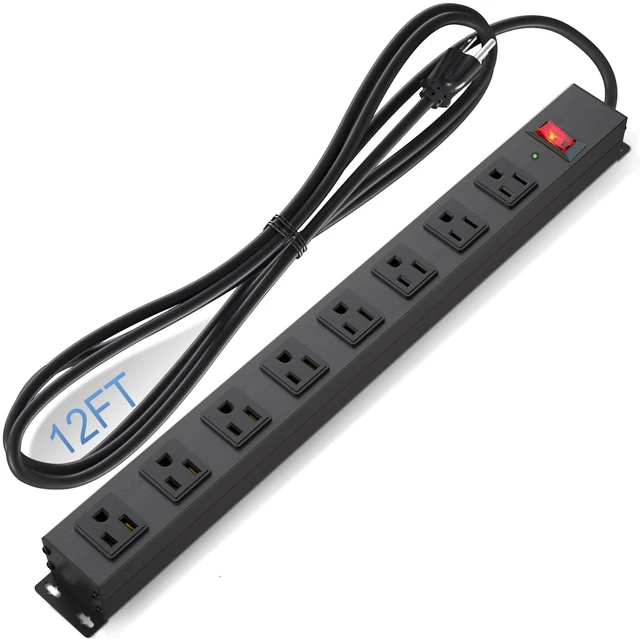 Main image of 8 Outlet Power Strip Surge Protector, 12 Feet Metal Power Strip Heavy Duty with Switch for Home Office School Shop Garage, Wall Mount with Screw, 2100J 15A 125V 1875W, 14AWG, Black