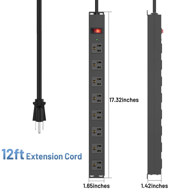 Alt view image 5 of 7 - 8 Outlet Power Strip Surge Protector, 12 Feet Metal Power Strip Heavy Duty with Switch for Home Office School Shop Garage, Wall Mount with Screw, 2100J 15A 125V 1875W, 14AWG, Black