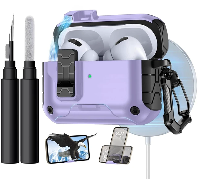 Main image of for AirPod Pro 2 Case with Secure Lock Compatible with Magsafe Phone Stand Design, Cleaner Kit & Keychain Included, Shockproof Cover Compatible with Apple AirPods Pro Case, Purple