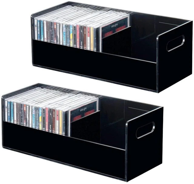 Main image of Black Acrylic CD Storage Box, Stackable, Holds 70 CDs, Set of 2 5 mm acrylic crates with cutout handles and a removable divider; each holds 35 jewel cases; stack on a shelf, desk or console
