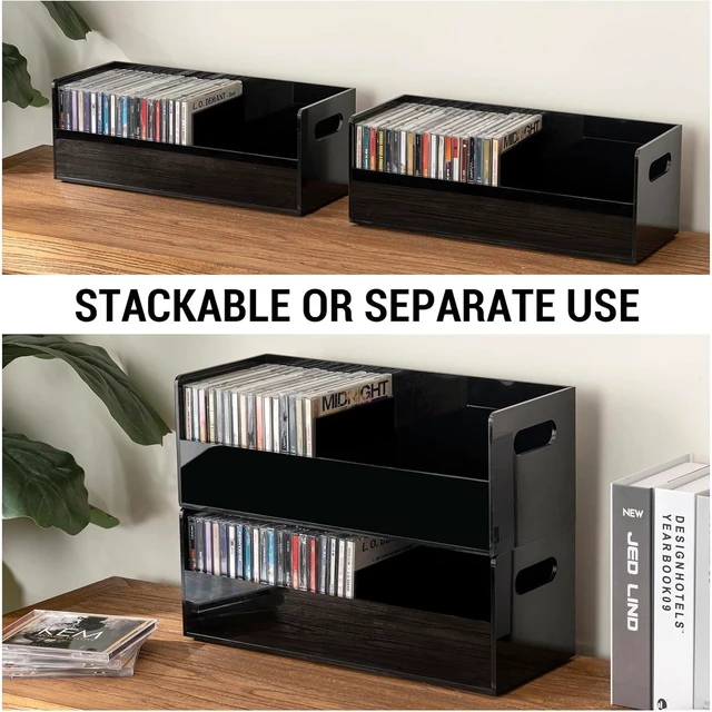 Alt view image 4 of 7 - Black Acrylic CD Storage Box, Stackable, Holds 70 CDs, Set of 2 5 mm acrylic crates with cutout handles and a removable divider; each holds 35 jewel cases; stack on a shelf, desk or console