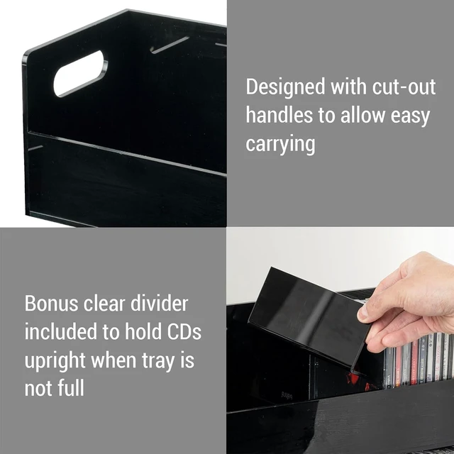 Alt view image 3 of 7 - Black Acrylic CD Storage Box, Stackable, Holds 70 CDs, Set of 2 5 mm acrylic crates with cutout handles and a removable divider; each holds 35 jewel cases; stack on a shelf, desk or console