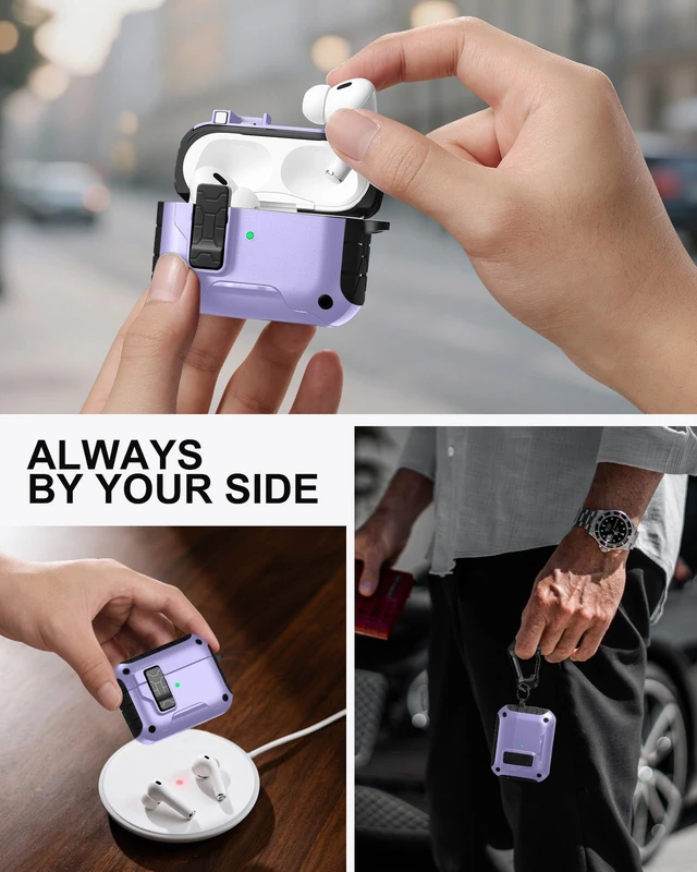 Alt view image 6 of 7 - for AirPod Pro 2 Case with Secure Lock Compatible with Magsafe Phone Stand Design, Cleaner Kit & Keychain Included, Shockproof Cover Compatible with Apple AirPods Pro Case, Purple