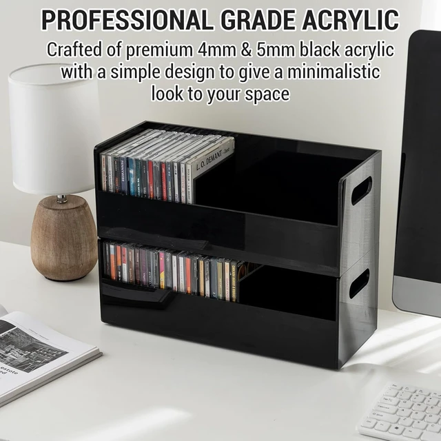 Alt view image 7 of 7 - Black Acrylic CD Storage Box, Stackable, Holds 70 CDs, Set of 2 5 mm acrylic crates with cutout handles and a removable divider; each holds 35 jewel cases; stack on a shelf, desk or console