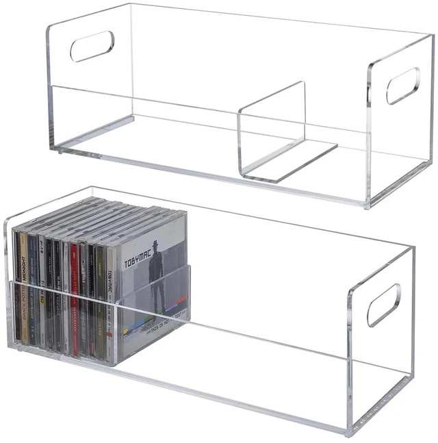 Main image of 2 Pcs Clear Acrylic CD Holders, Stackable Compact Disc Storage Box Music Disc DVD Display Cases, Modern Media Cassette Organizers with Cutout Carrying Handles Album Collection Holder Case