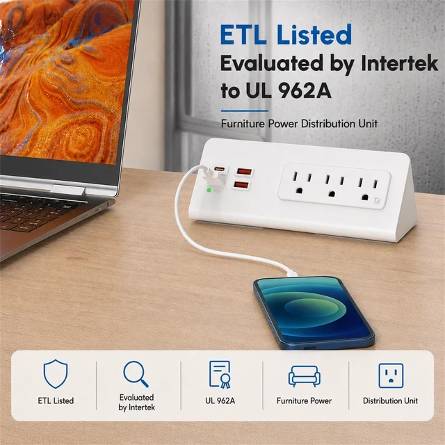 Alt view image 5 of 7 - Nightstand Edge Power Strip with 3 AC Outlets and 4 USB Ports, 20W USB-C, 6.56 ft Flat Plug Cord, Desk Charging Station White