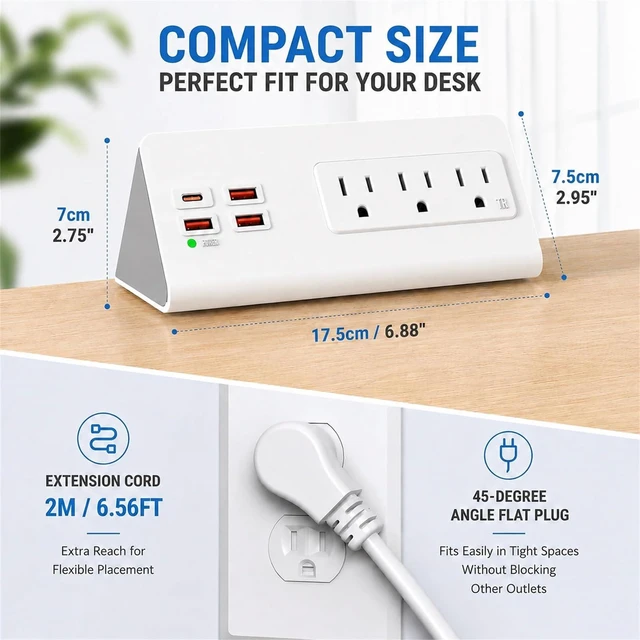 Alt view image 6 of 7 - Nightstand Edge Power Strip with 3 AC Outlets and 4 USB Ports, 20W USB-C, 6.56 ft Flat Plug Cord, Desk Charging Station White