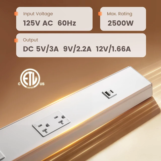 Alt view image 2 of 7 - 24 in Under Cabinet Outlet Strip with GFCI Outlet, Hardwire 2×20A TR Outlets with USB-A & USB-C, Modular Extension System (No Cutting), 125V 20A, ETL Listed