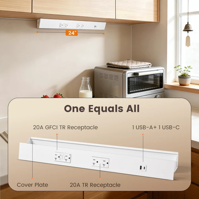 Alt view image 3 of 7 - 24 in Under Cabinet Outlet Strip with GFCI Outlet, Hardwire 2×20A TR Outlets with USB-A & USB-C, Modular Extension System (No Cutting), 125V 20A, ETL Listed