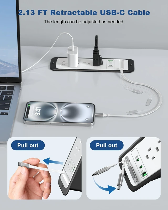 Alt view image 5 of 7 - Recessed Power Strip,20W Retractable USB C Cable,White and Black,6FT Flush Mount Countertop Drawer Outlet, Furniture Hidden Outlet for Side Table,End Table,3 Outlets