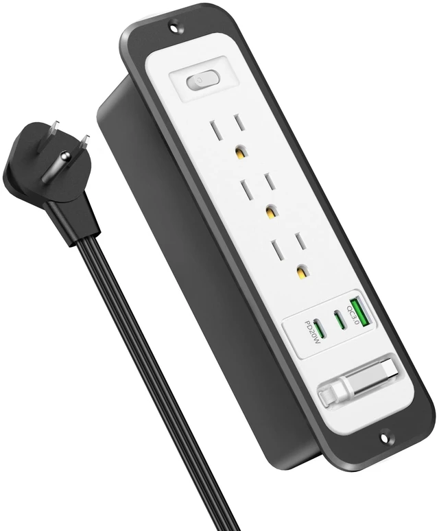 Alt view image 7 of 7 - Recessed Power Strip,20W Retractable USB C Cable,White and Black,6FT Flush Mount Countertop Drawer Outlet, Furniture Hidden Outlet for Side Table,End Table,3 Outlets