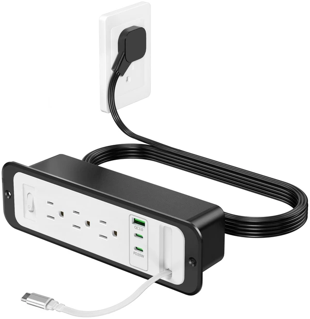 Main image of Recessed Power Strip,20W Retractable USB C Cable,White and Black,6FT Flush Mount Countertop Drawer Outlet, Furniture Hidden Outlet for Side Table,End Table,3 Outlets