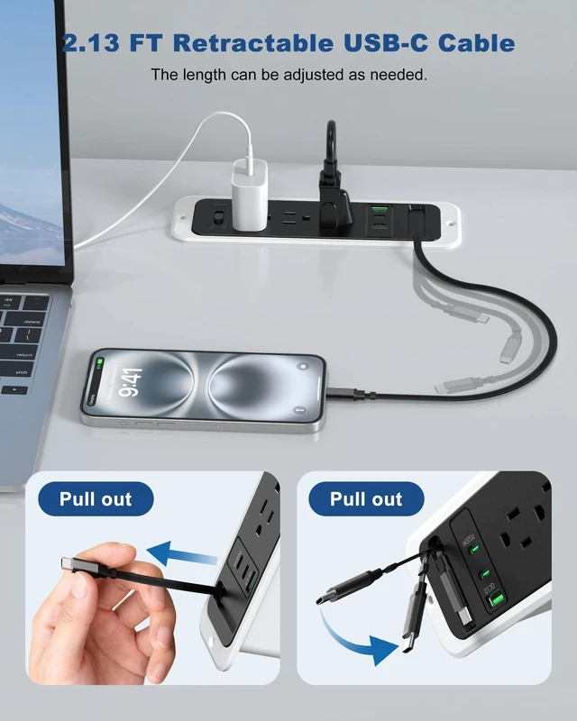 Alt view image 6 of 7 - Recessed Power Strip,20W Retractable USB C Cable,Black and White 10FT,Flush Mount Countertop Drawer Outlet, Furniture Hidden Outlet for Side Table,End Table,3 Outlets