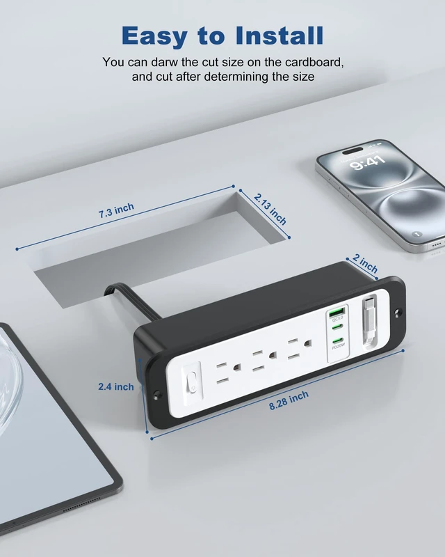 Alt view image 6 of 7 - Recessed Power Strip,20W Retractable USB C Cable,White and Black,6FT Flush Mount Countertop Drawer Outlet, Furniture Hidden Outlet for Side Table,End Table,3 Outlets