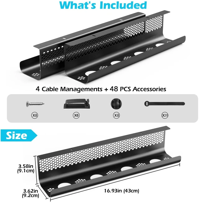 Alt view image 4 of 7 - Cable Management Under Desk 52PCS - Cable Management Tray Kit Ventilated Hexagonal Design with Cable Clips, Wire Ties, Cord Holder & Screws for Office, Home - 4 Black Sets