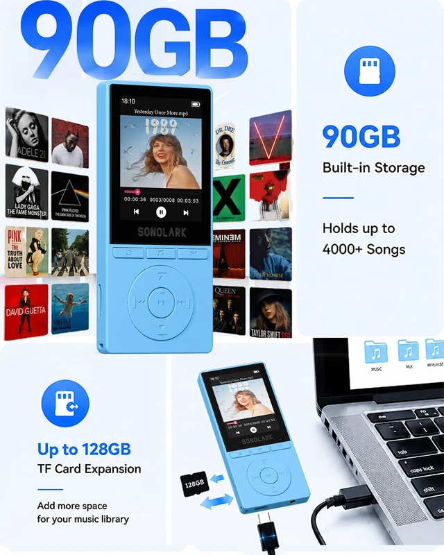 Alt view image 2 of 7 - 90GB MP3 Player Bluetooth 5.3, 2.4" Color Screen MP3 with HD Speaker HiFi Sound Music Player for Kids, Students, Seniors, MP3 Players with FM Radio Voice Recorder, Expanded Up to 128GB(Blue)