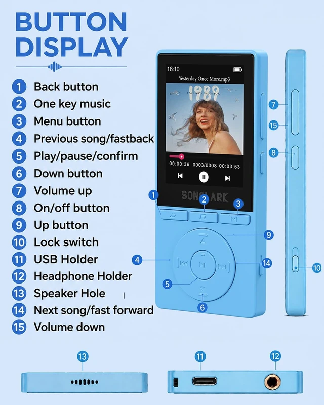 Alt view image 7 of 7 - 90GB MP3 Player Bluetooth 5.3, 2.4" Color Screen MP3 with HD Speaker HiFi Sound Music Player for Kids, Students, Seniors, MP3 Players with FM Radio Voice Recorder, Expanded Up to 128GB(Blue)