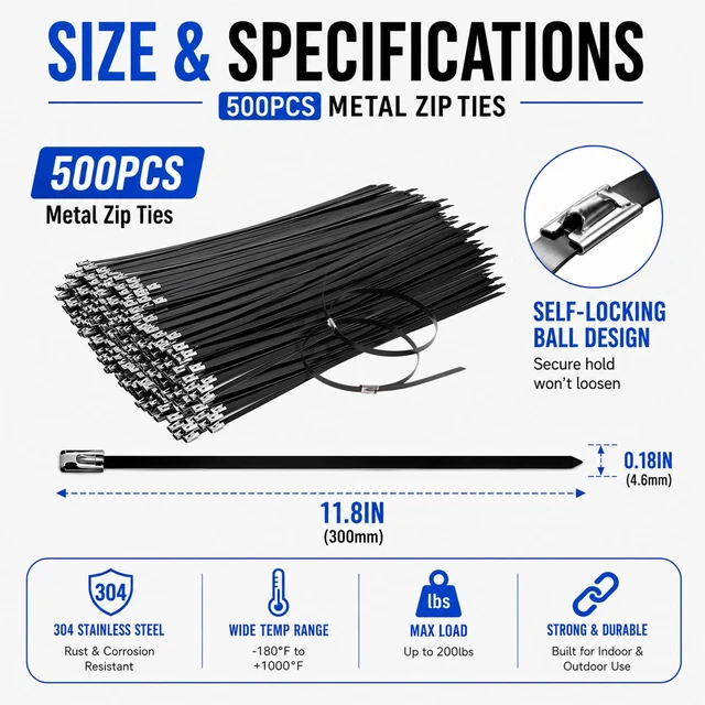 Alt view image 2 of 7 - 500PCS 11.8" Black 304 Metal Zip Ties,200LB Self-Locking Cable Ties Heavy Duty & UV Resistant, Self-Locking Design for Fencing, Exhaust Wrap, Farm Pipes, Automotive Applications