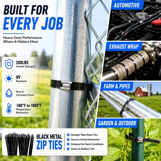 Alt view image 7 of 7 - 500PCS 11.8" Black 304 Metal Zip Ties,200LB Self-Locking Cable Ties Heavy Duty & UV Resistant, Self-Locking Design for Fencing, Exhaust Wrap, Farm Pipes, Automotive Applications