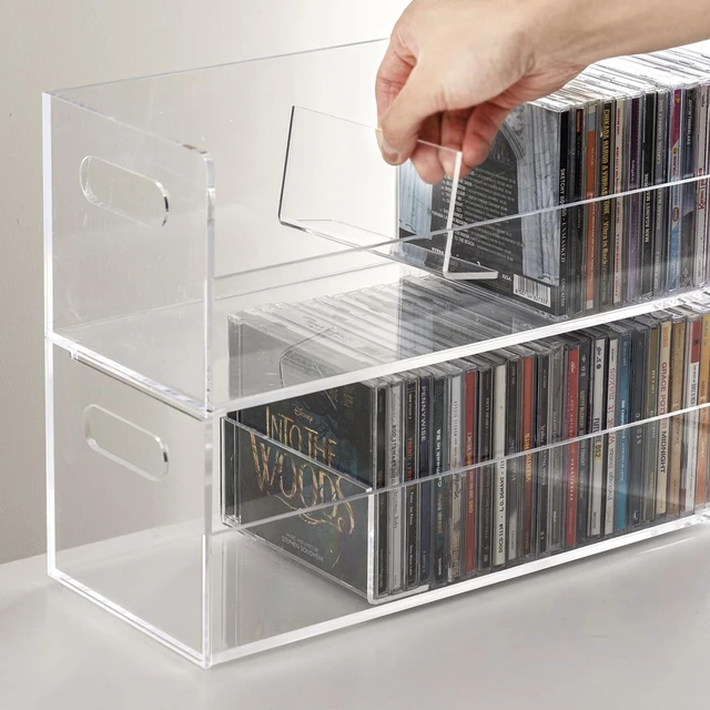 Alt view image 3 of 7 - 2 Pcs Clear Acrylic CD Holders, Stackable Compact Disc Storage Box Music Disc DVD Display Cases, Modern Media Cassette Organizers with Cutout Carrying Handles Album Collection Holder Case