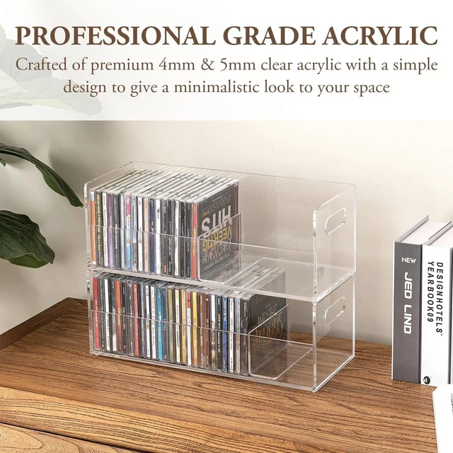 Alt view image 6 of 7 - 2 Pcs Clear Acrylic CD Holders, Stackable Compact Disc Storage Box Music Disc DVD Display Cases, Modern Media Cassette Organizers with Cutout Carrying Handles Album Collection Holder Case