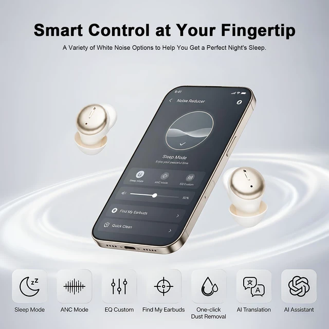 Alt view image 3 of 7 - T35 Sleep Earbuds for Side Sleepers, Bluetooth 6.0 Mini Noise Cancelling Earbuds with ANC, Sleep Mode, App White Noise and EQ, 48H Playtime, Comfortable Low-Profile Fit Sleep Headphones (Skin)