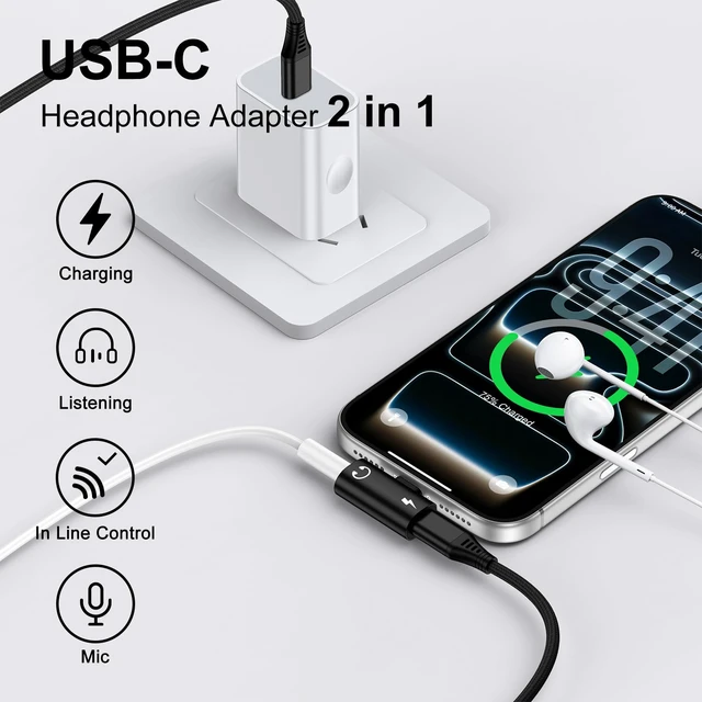 Alt view image 2 of 7 - 60W 2-in-1 USB C to 3.5mm Aux Adapter & Fast Charger, T-Shape - Black Type C to Headphone Jack Dongle for Google Pixel 10/9/8, iPhone 17/16/15, Samsung S26/S25. Ideal for Gaming & Car Audio