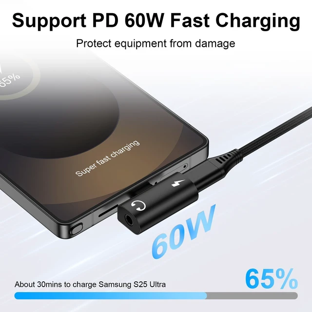 Alt view image 3 of 7 - 60W 2-in-1 USB C to 3.5mm Aux Adapter & Fast Charger, T-Shape - Black Type C to Headphone Jack Dongle for Google Pixel 10/9/8, iPhone 17/16/15, Samsung S26/S25. Ideal for Gaming & Car Audio